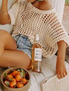 Summer Elegance Hollow-Out Short Sleeve Knit Sweater, Women's Beach Cover-Up - Apricot - View 3