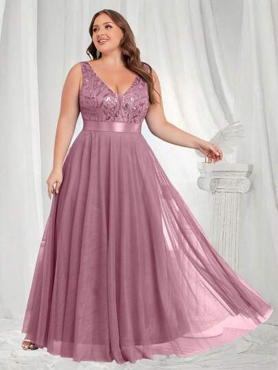 Spring/Summer Plus Size V-Neck Sleeveless Plant Embroidery Sequin&Mesh A-Line Hem Bridesmaid Dress, Elegant Party Dress,Formal Evening Dress,Cocktail Gown For Wedding Guest, Prom, Graduation ,Dinner ﻿