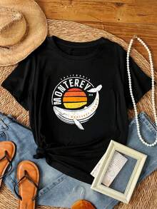 Camiseta de mujer con estampado de ballena de Monterey, California, de manga larga o corta - Negro - Ver 1