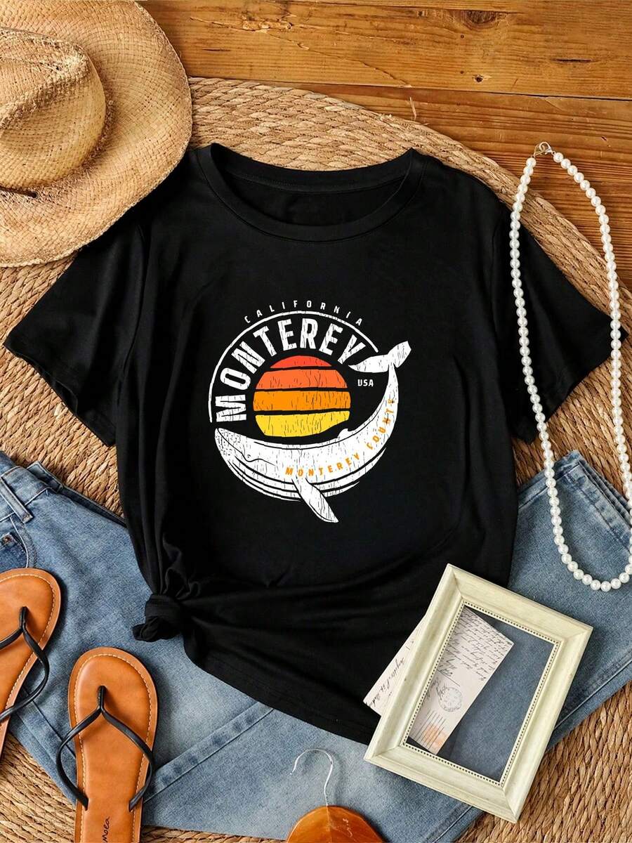 Camiseta de mujer con estampado de ballena de Monterey, California, de manga larga o corta - Negro - Ver 1