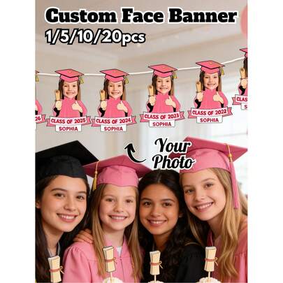 Băng rôn hình mặt người theo yêu cầu, Băng rôn tiệc tốt nghiệp cá nhân hóa, Băng rôn mũ tốt nghiệp trung học, Bộ cắt giấy hình mũ tốt nghiệp đại học theo yêu cầu; Dùng cho lễ tốt nghiệp, lễ kỷ niệm, tiệc trường học, trang trí tiệc, tựu trường, quà tặng con trai/con gái, quà Giáng sinh; Hình cắt giấy mặt người cỡ lớn.