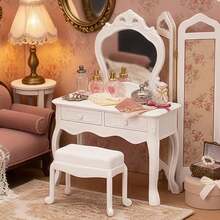 Dollhouse Vanity Set: Mini Furniture Bedroom Scene Accessories, Vanity, Nightstand, Dressing Table - Multicolor - View 6