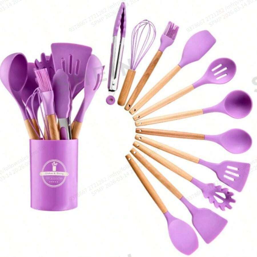 12件套硅胶厨具套装，带木柄、不粘锅具和收纳桶 - 彩色 - 查看 1
