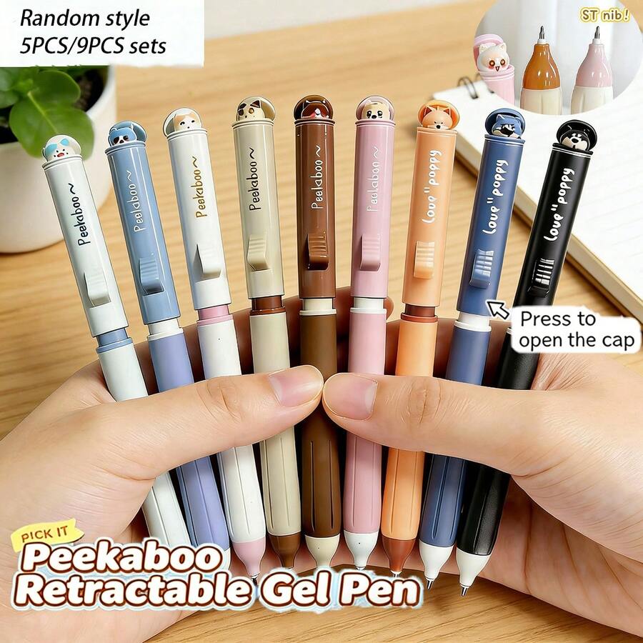 Bộ 5/9 bút bi rút ngẫu nhiên kiểu dáng hình mèo; ruột mực đen 0.5mm; thiết kế rút nhanh khô; viết trơn tru; thích hợp cho học sinh, trường học, văn phòng, ghi chú; dụng cụ viết văn phòng; đồ dùng học tập/quà tặng ngày Valentine - Trò chơi trốn tìm với bút - Xem 1