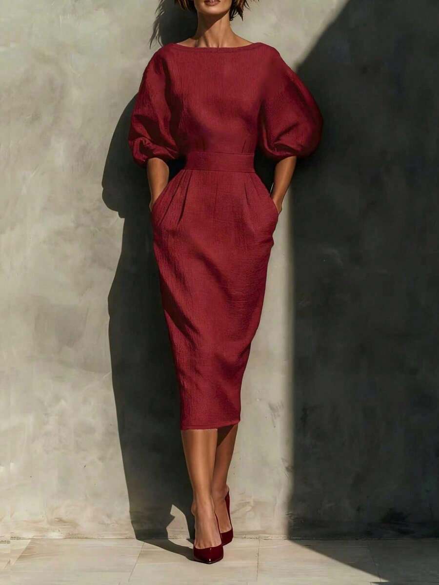 Elegant Casual Wine Red Round Neck Midi Dress, Side Pockets, Fitted Waist, Back Slit, Suitable For Party, Business Dinner, Wedding, Office And Daily Wear - Burgundy - View 1