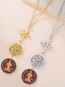 TEAMER 1件男女通用复古不锈钢女巫结和五芒星圣本笃奖章吊坠项链，幸运护身符宗教饰品 - 時尚系列 - 查看 1