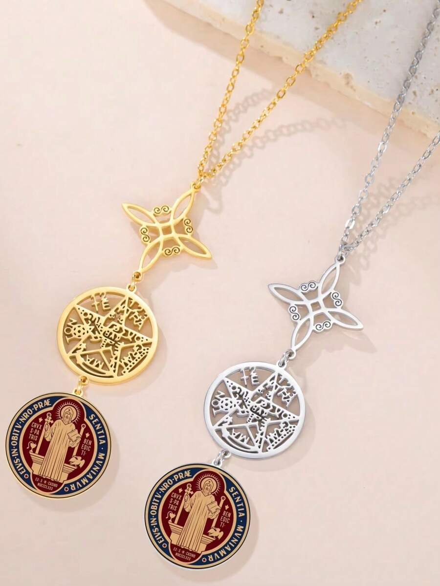 TEAMER 1件男女通用复古不锈钢女巫结和五芒星圣本笃奖章吊坠项链，幸运护身符宗教饰品 - 時尚系列 - 查看 1