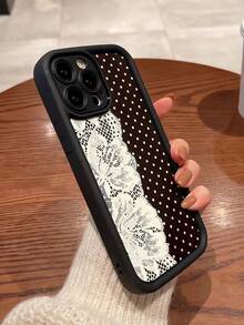 1pc Lace Polka Dot Pattern Black Sandstone Phone Case Compatible With IPhone 16/16 Pro/16 Plus/15/15 Pro Max/15 Pro/11/12/13/14 Pro Max/11 Pro/11 Pro Max/12 Pro/12 Pro Max/13 Pro/13 Pro Max/14 Pro/14 Pro Max/16 Pro Max/16/16 Pro/16 Plus, Minimalist Creative Soft Case - Multicolor - View 2