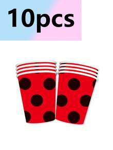 10件套鲜艳红黑瓢虫主题派对套装，包括纸托盘、纸杯、餐巾纸，适用于节日、生日派对、宴会、下午茶和婚礼等场合。 - A - 查看 5