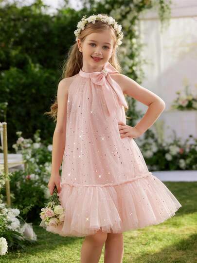 Young Girl Elegant Bowknot Tulle Party Dress, Suitable For Children's Birthday, Wedding, Flower Girl, Prom, Important Occasions And Holiday Celebrations