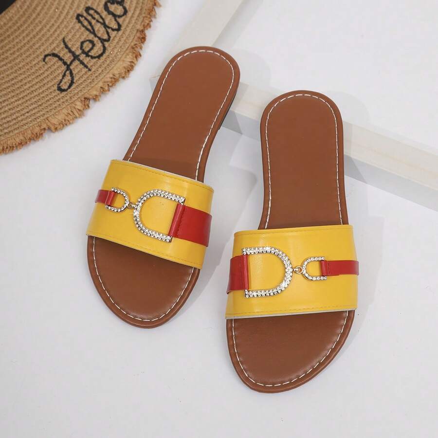 Women's Fashion Summer Sandals, Yellow-Red Color Block/Black-White Color Block, Rhinestone D-Buckle Flat One-Strap Slides, Casual Beach Slippers, Minimalist Versatile Outdoor Flip Flops - Yellow - View 1