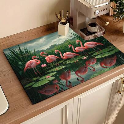1pc Flamingo Print Absorbent Drying Mat, Kitchen Decor Coffee Machine Mat, Handmade Coffee Pot Draining Pad, Kitchen Floor Mat, Dining Table Mat, Kitchen Counter Dish Drying Mat, Breakfast Mat, Heat-Resistant Anti-Slip Draining Mat, Diatomite Draining Mat, Hides Stains, Super Absorbent Kitchen Mat, Easy To Clean Dish Rack Mat, Suitable For Kitchen, Dining Table, Coffee Shop, Bar, Holiday, Party, Home Decor, Holiday Gift