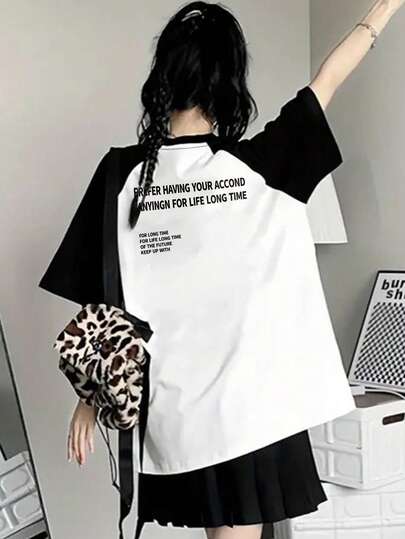 Spring/Summer Casual Black & White Contrast Color Block English Letter Print Raglan Sleeve Loose Comfortable Daily Street Wear Women T-Shirt