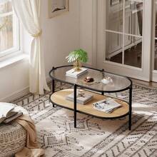 Mesa de café oval de ratán de 2 niveles, Estante Inferior para Almacenamiento almacenamiento de 37 pulgadas y marco de metal, Mesa de té de cóctel de mesa de vidrio de onda de agua, Mesas centrales para el dormitorio de la sala de estar, Pequeño espacio - Negro - Ver 7