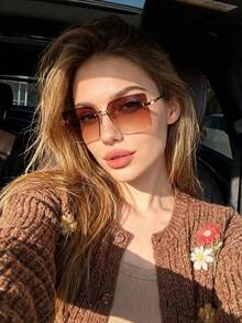 1pc European And American Personalized Square Frameless Edged Fashion Fashion Glasses, High-End Street Style Versatile Glasses For Women - Gold-framed Gradient Tea Leaves - View 1