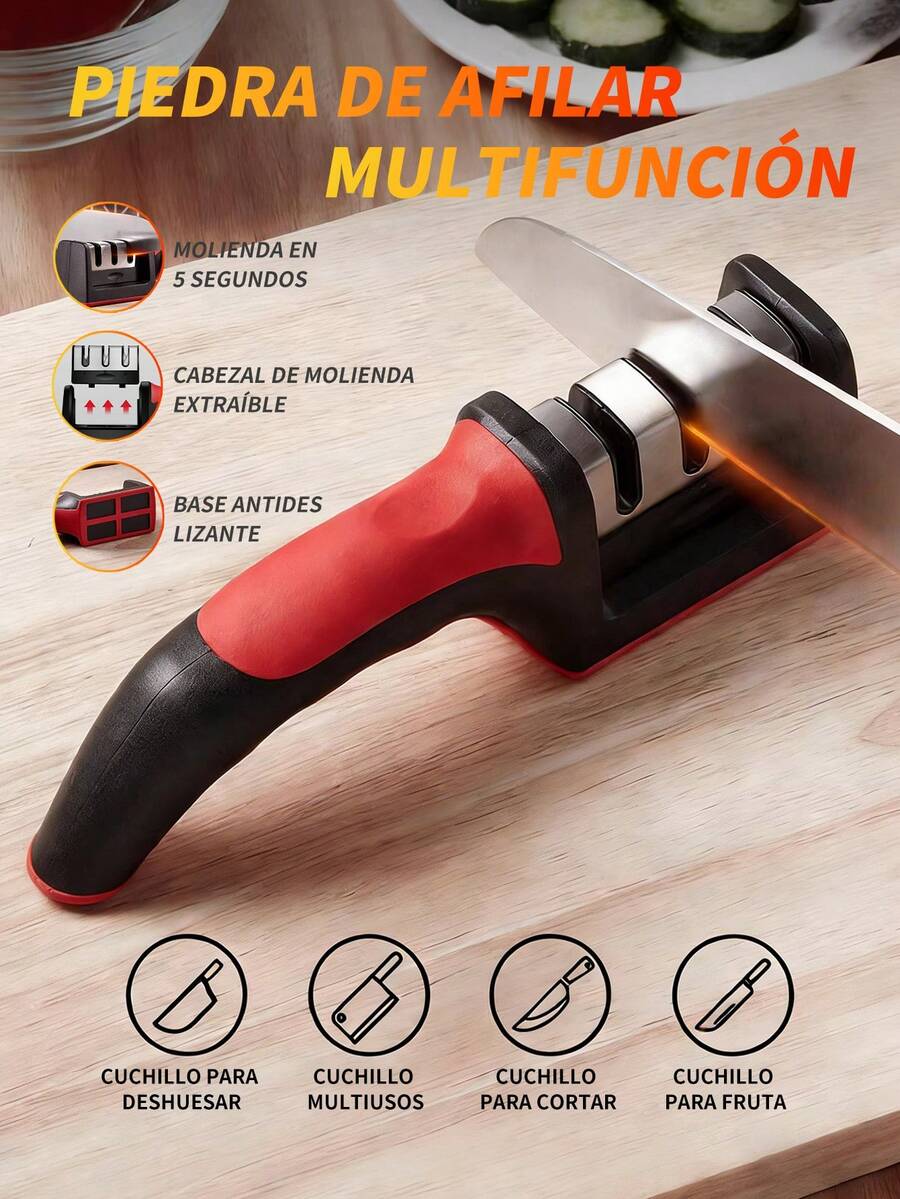 Afilador de Cuchillos Cocina 3 Etapa Manual Profesional Afiladores Manuales con cuchilla de Cerámica/varilla de diamante/Hoja de Acero de Tungsteno, Cuchillas de Restauración y Polaco con Base Antideslizante, Mango Ergonómico para Cualquier Tipo de Cuchillos, Acero Inoxidable