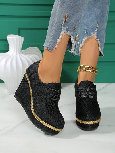 Modische Schnür-Plateau-Schuhe, lässige Plateau-Pumps mit dickem Boden für Frühling/Herbst, Outdoor, neue Damen Keilabsatz-High-Heels in Große Größen (Schuhe fallen 1 Nummer kleiner aus)