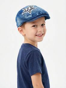 1pc Toddler Boys' Blue Embroidered Star Beret Hat, All Season Versatile Washed Distressed Baseball Cap - 1PC - View 4