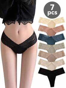 7pack/Set Floral Lace Thong Set Lingerie Seamless Solid Color Lace Patchwork Fashion Thong Panties Contrast Lace Bow Decor Panty Lingerie Bow Tie Thong Briefs Elegant And Comfortable Underwear For Women - 彩色 - 查看 1