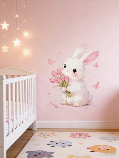 1pc Watercolor Cute Rabbit Wall Sticker - Self-Adhesive PVC Sticker With Pink Floral And Butterfly Patterns, Modern Animal Theme, Suitable For Kids Room, Girls Bedroom And Home Decor, Easy To Stick On Smooth Surface, Rabbit Decor, Suitable For Ramadan