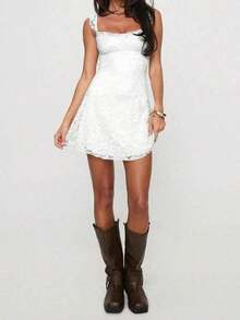Elegant Fashion Ruffle Strap Bow Design Lace Patchwork Sleeveless Slim Fit Mini Dress Party - 白色 - 查看 8