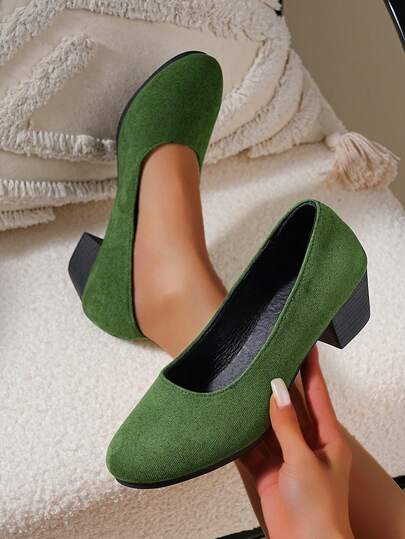 [Plus Size] Women's Classic Solid Green High Heels - Round Toe Design - Size 36-43 - Premium Velvet Material, Smooth And Comfortable - Black High Heels, Solid Color Low Vamp Soft Bottom Wedge Thick Heel Slip-On Shoes - Quality Material Comfortable To Wear - Thick Mid-Heel Non-Slip Round Toe Slip-On Shoes - Fashionable And Versatile