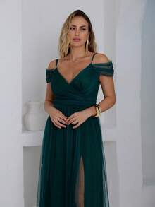 Elegant Off-The-Shoulder Long Dress, No Shine - Army Green - View 3