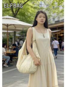 大容量纯色简约风格单肩包，优雅女士斜挎包，休闲百搭手提包，适合工作、学习、旅行 - 杏色 - 查看 3