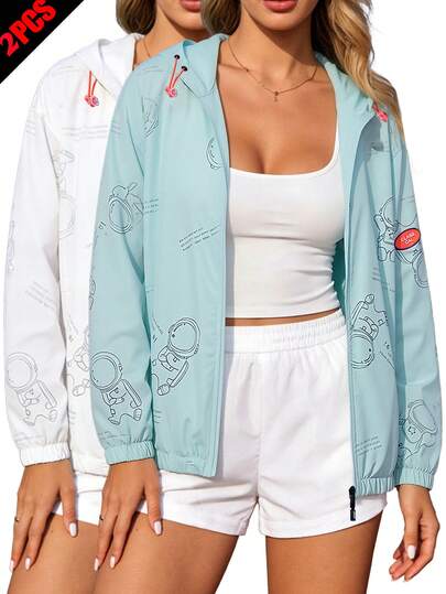 Bộ 2 áo khoác nhẹ cho nữ, trang phục chống nắng mùa hè, áo khoác mỏng in hình gấu thân thiện với da, áo sơ mi chống muỗi ngoài trời unisex dành cho câu cá, áo khoác có mũ nhanh khô, nhẹ.