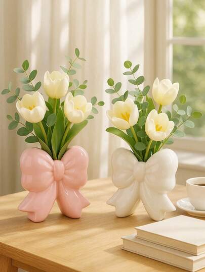 1个超大蝴蝶结装饰花瓶，可爱丝带设计，适合家居装饰、客厅桌面、卧室置物架和礼品展示