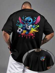 Disney Officially Licensed Lilo & Stitch Soccer 20 Graphic T-Shirt, 220g Heavyweight Cotton Loose Oversized Tee, Men Women Colorful Streetwear Summer Top - 黑色 - 查看 1