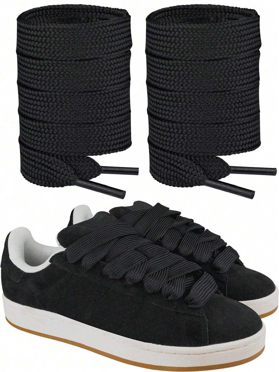 1 Pair 2cm Wide Thick Flat Shoelaces, 120cm/47.24in Length, Suitable For Casual Sneakers, Unisex, Applicable For Spring/Summer, Bridesmaid Gift, Home Decor, Beach, Travel, Cute Accessory - Black - View 1