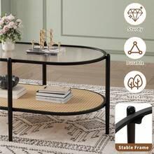 Mesa de café oval de ratán de 2 niveles, Estante Inferior para Almacenamiento almacenamiento de 37 pulgadas y marco de metal, Mesa de té de cóctel de mesa de vidrio de onda de agua, Mesas centrales para el dormitorio de la sala de estar, Pequeño espacio - Negro - Ver 3