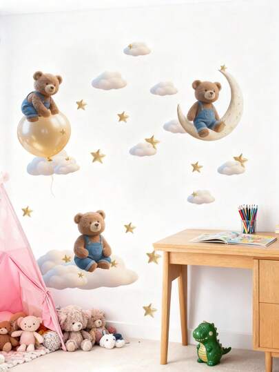 1张壁纸 - [小熊、动物、女孩] 男孩儿童房装饰 家居自粘婴儿房装饰 女孩房装饰壁纸 可移除墙贴 适用于客厅、女孩卧室墙面装饰、窗户贴纸 - 可爱创意墙面艺术 儿童房装饰 卧室装饰