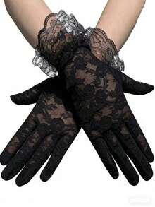1 Pair White Lace Women's Gloves, Suitable For Parties, Weddings, Opera, Afternoon Tea And Other Occasions.Women's Autumn Apparel. - 黑色 - 查看 4