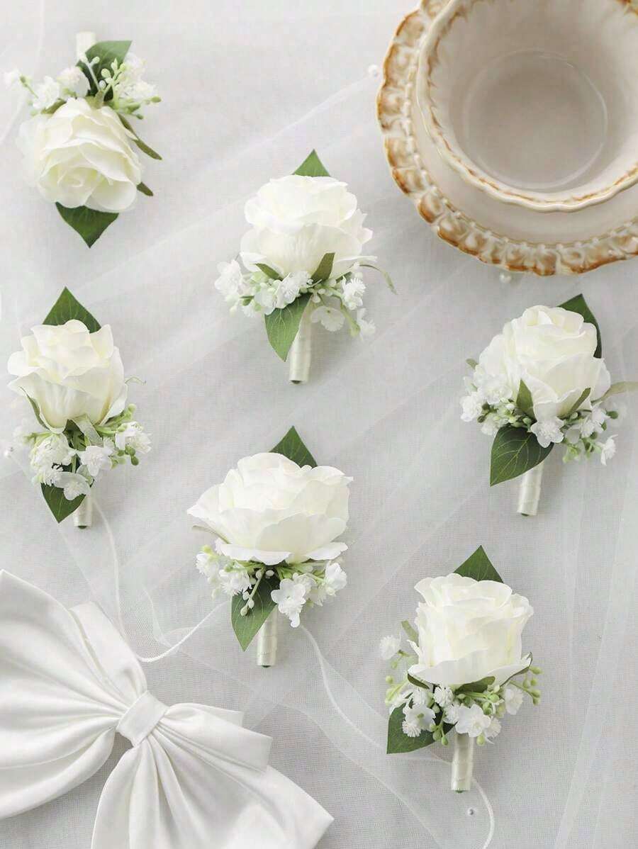 1pc White Rose Baby's Breath Boutonniere For Men Wedding, Elegant Rose Corsage For Groom Groomsman Wedding Decor, Wrist Corsage For Bride Bridesmaids Boutonniere For Prom Party Engagement Homecoming Father Daughter Dancing Romantic Wedding Valentine's Day Accessories - 白色 - 查看 1