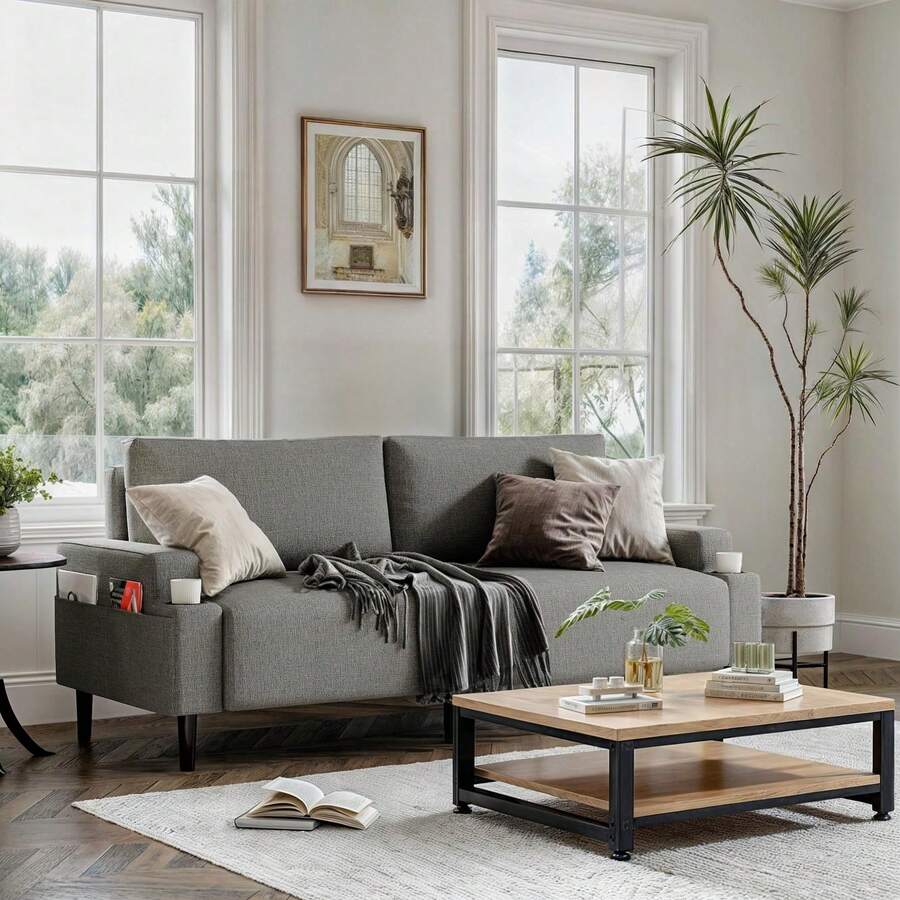 Sofá cama de 205 cm (80,7"), moderno, tapizado en tela, ideal para sala de estar, con estructura de madera maciza. Fácil de instalar. Perfecto para apartamento, dormitorio, residencia estudiantil u oficina. Color gris - Gris - Ver 1