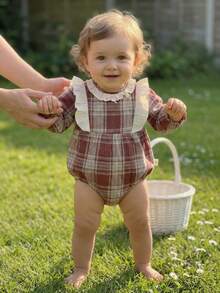 Pelele de cuadros para bebé niña de primavera, body con ribete de encaje estilo coreano, otoño - Rojo - Ver 9