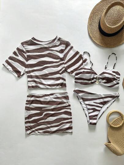 4件套斑马纹优雅露背比基尼套装，沙滩金属环装饰比基尼套装