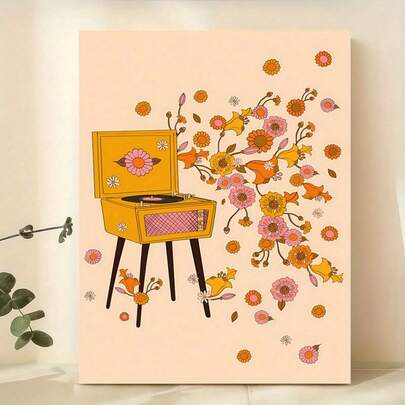 One Frameless Canvas Poster, 70s Bohemian Style Record Player, Wall Art For Music Lovers, Suitable For Living Room, Bedroom Wall Decor, Home And Room Decoration