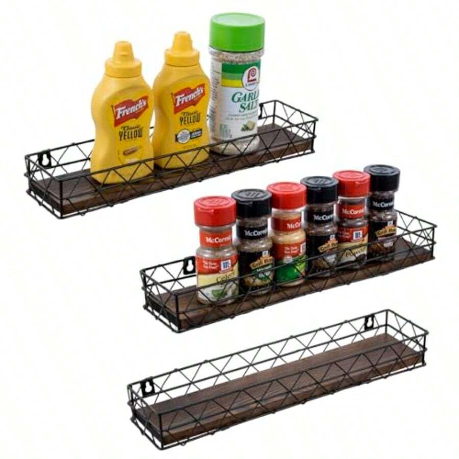MyGift - 3 estantes para especias montados en la pared organizadores colgantes para frascos de especias o botellas de condimentos 14 pulgadas madera maciza rústica quemada y alambre de metal negro - Madera quemada y metal negro - Ver 1
