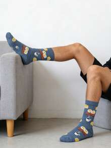 1双男士灰色早餐食物图案中筒袜，适合日常穿着，四季皆宜。 - 彩色 - 查看 4