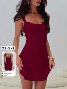 Elegant Fashion Ruffle Strap Bow Design Lace Patchwork Sleeveless Slim Fit Mini Dress Party - 酒紅色 - 查看 12