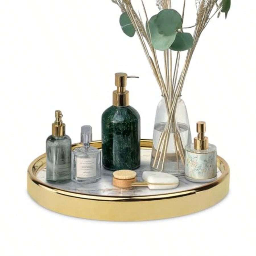 Bandeja decorativa redonda de mármol organizador de almacenamiento multifuncional para cambiador mesa de centro joyas perfumes y decoración del hogar bandeja decorativa de lujo - Blanco - Ver 1
