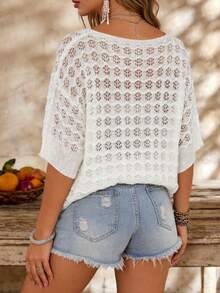 Plus Size Hollow Out Knit Short Sleeve Pullover Top, Spring/Summer White - White - View 5