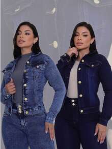 Women's Fashion Denim Jacket In Light And Dark Washes - 深藍色 - 查看 6