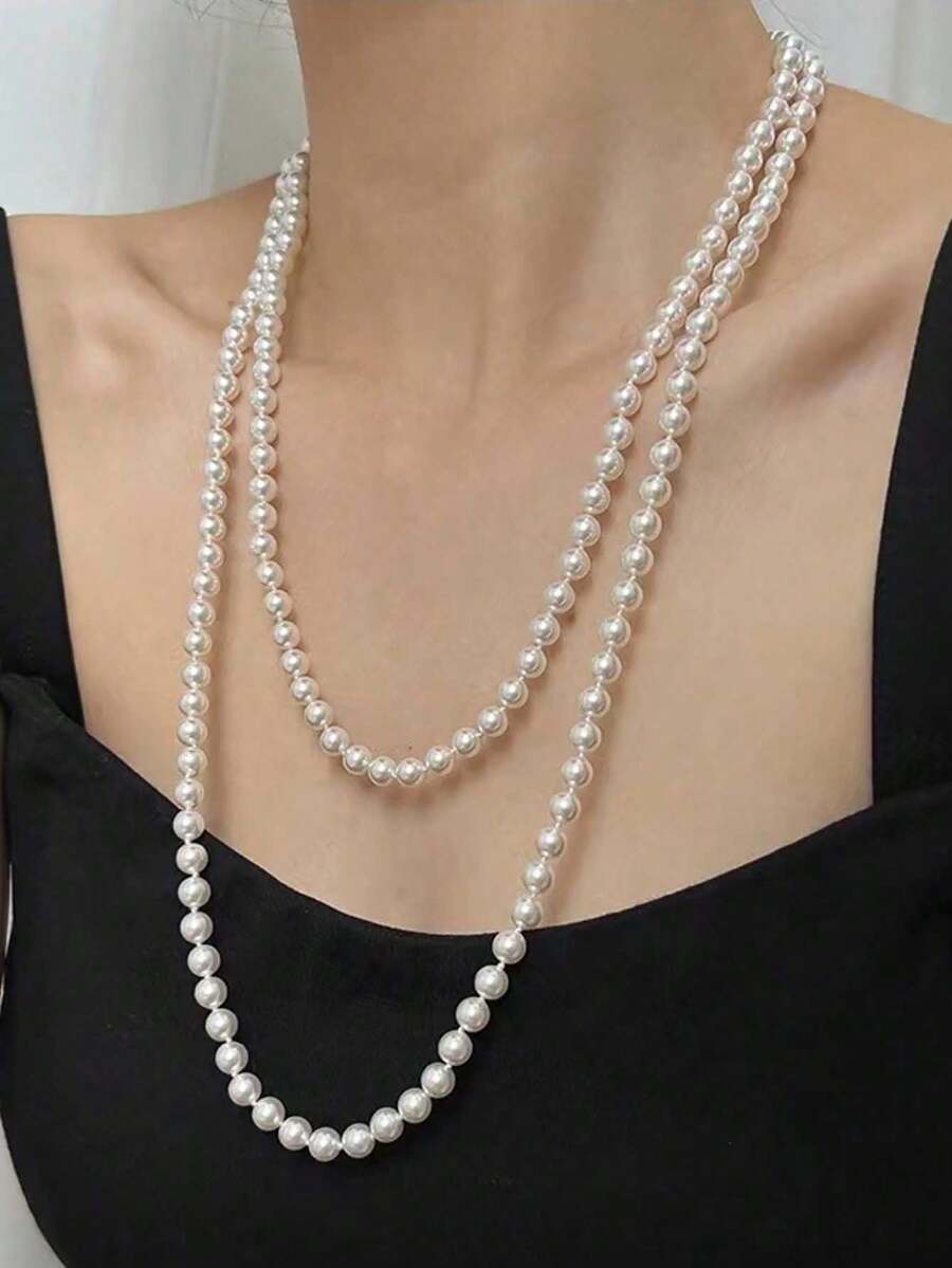 1pc Multi-Layer Knotted Pearl Necklace - Beige - View 1