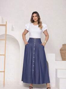 Long Chambray Denim Skirt With Front Buttons, High Waist, Elegant, Casual Chic, Evangelical Fashion - Màu xanh bụi bặm - Xem 4