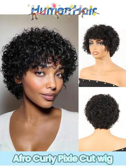 Real Human Hair Short Pixie Cut Wig With Bangs Curly Wavy Short Wig For Women And Girls 150% Density Natural Black Color Brazilian Short Bob Pixie Afro Kinky Curly Wigs With Bangs For Women