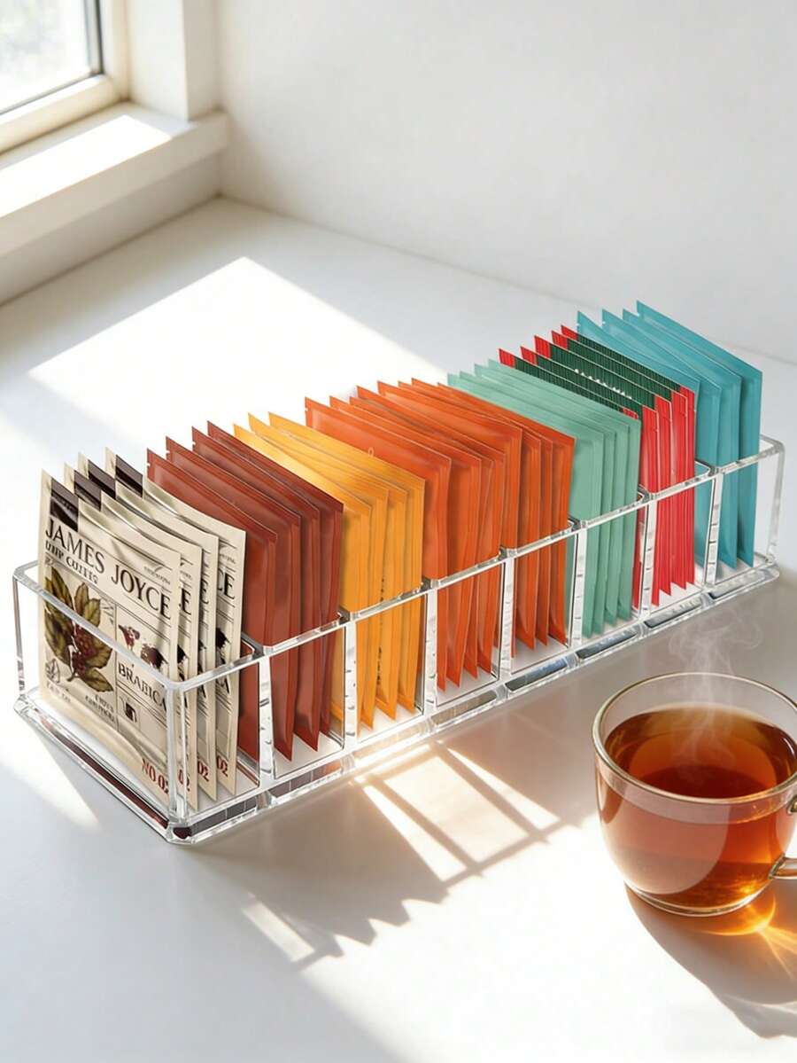 1pc Transparent Tea Bag Storage Box, Desktop Tea & Coffee Compartment Organizer, Reusable Acrylic Tea Box, Suitable For Coffee Corner, Cabinet, Pantry, Countertop, Office, Kitchen, Cosmetic Storage - Transparent - View 1